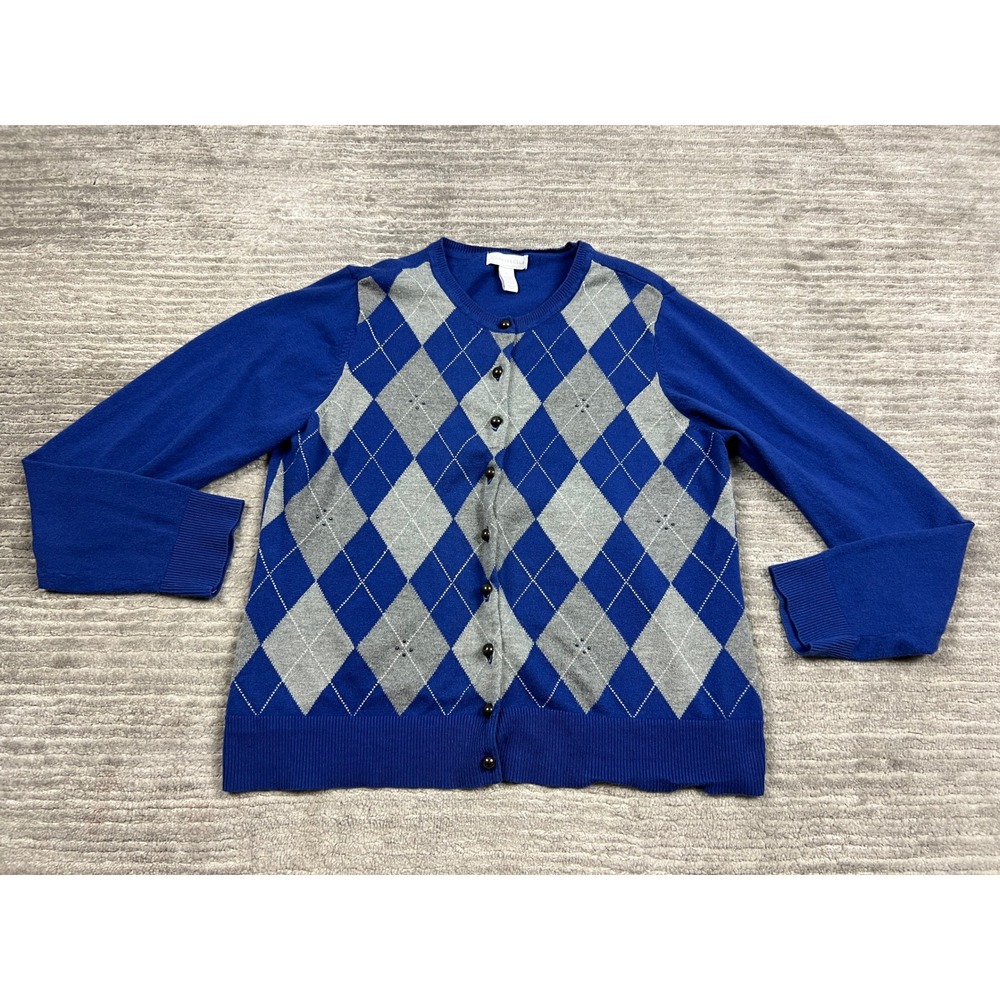Charter Club Cardigan Womens L Blue Argyle Button Front Crew Neck Cotton Blend